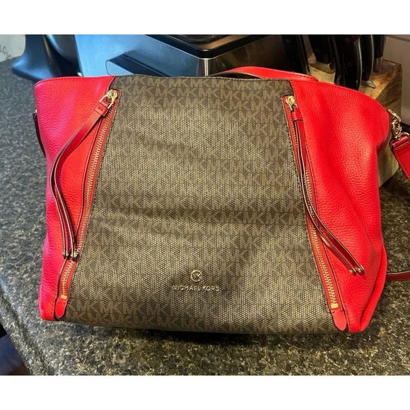 MICHAEL KORS Brooklyn Large Logo and Pebbled Leather Tote Bag Red/Brown - Picture 7 of 11